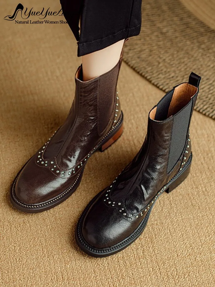 Lady Genuine Leather Ankle Boots Fleece Lining Chelsea Boots Chunky Heel Sheepskin Slip-On Boots British Style High Top Footwear