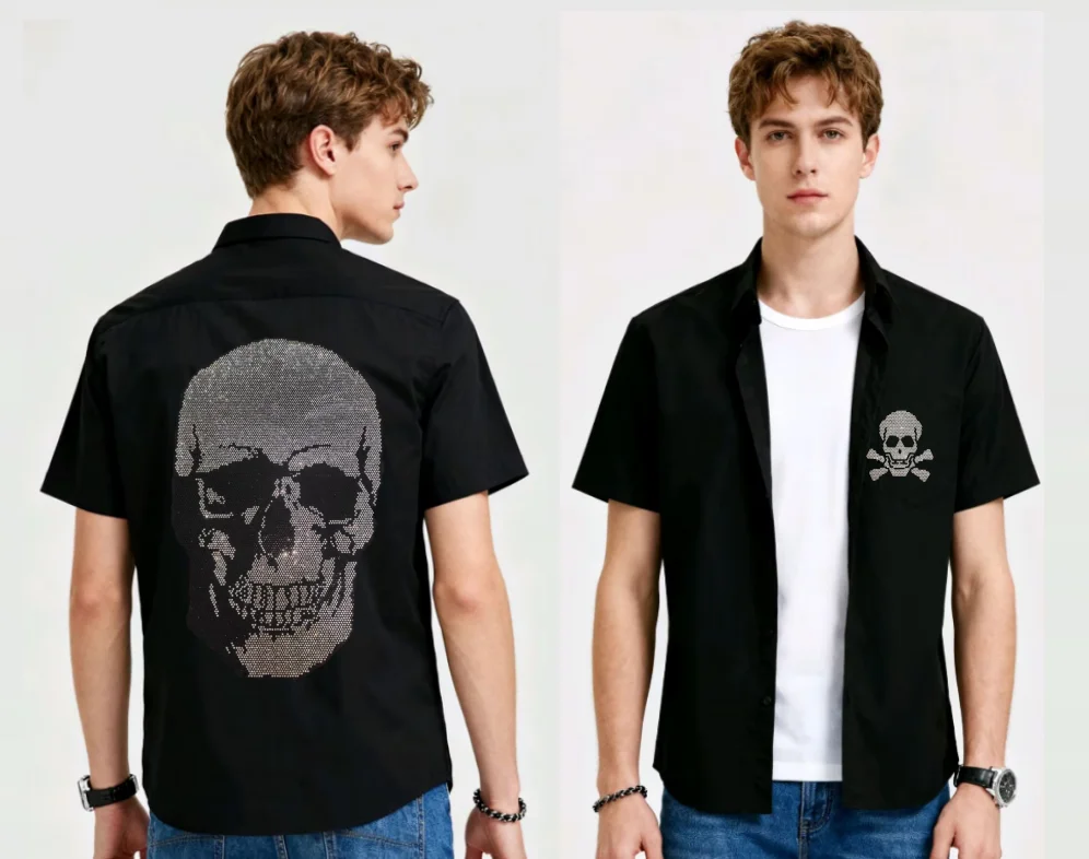 

Summer Slim Fit Men's Short Sleeve Skull Shirt Adorned with Shiny Rhinestones Great for Casual Holiday shirts
