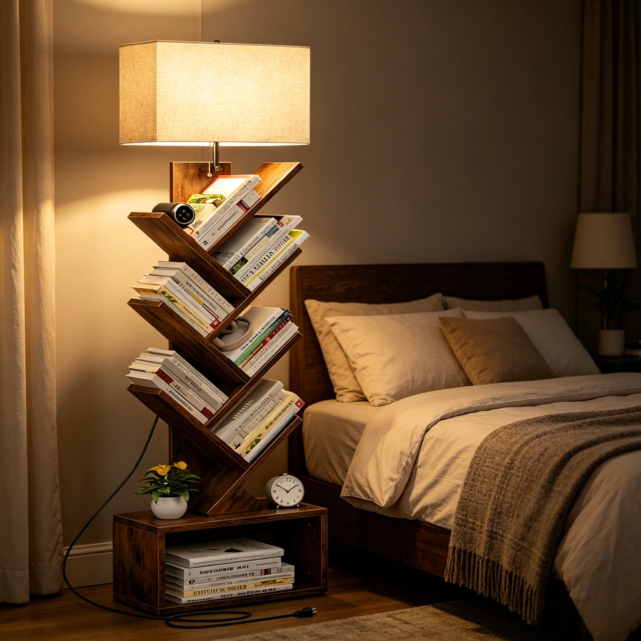 

American Integrated Wood Bookshelf Floor Lamps Multi Layers Shelf Storage Standing Lights Living Room Study Bedroom Led Lighting