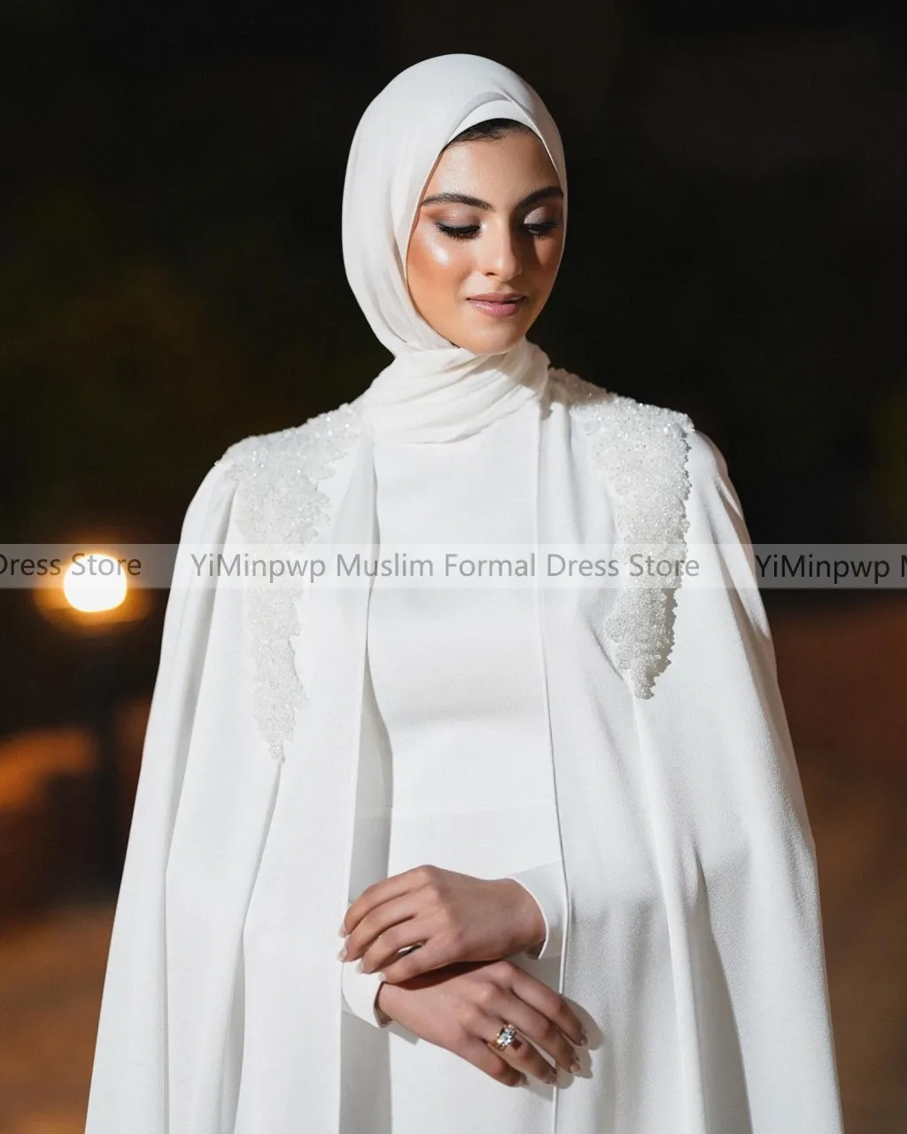 Modest Muslim White Wedding Dresses with Cape Long Sleeve Mermaid Pearls Beading Hijab Bride Bridal Gowns Customized