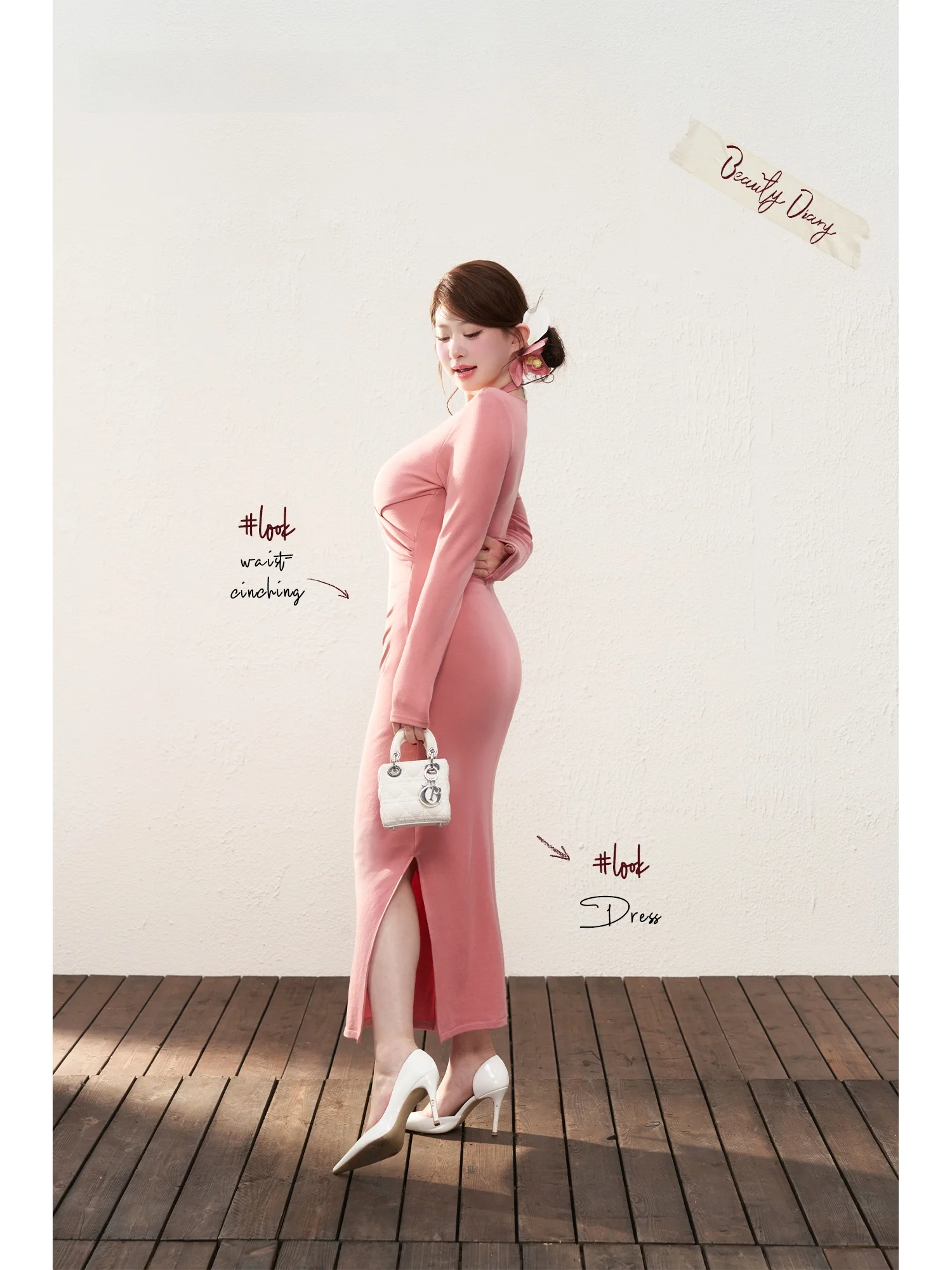 Saia Midi Ultra-Pink Ajustada para Uso Interno, Elegante e Justa, Manga Longa, Slim Fit, Outono Inverno, Feminina