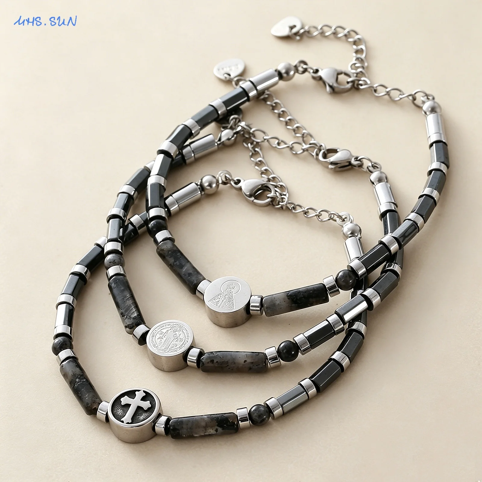 Fashion Natural Stone Black Flash Agate Hematite Stainless Steel Jesus Cross Stackable Bracelet Unisex Jewelry For Daily Commute