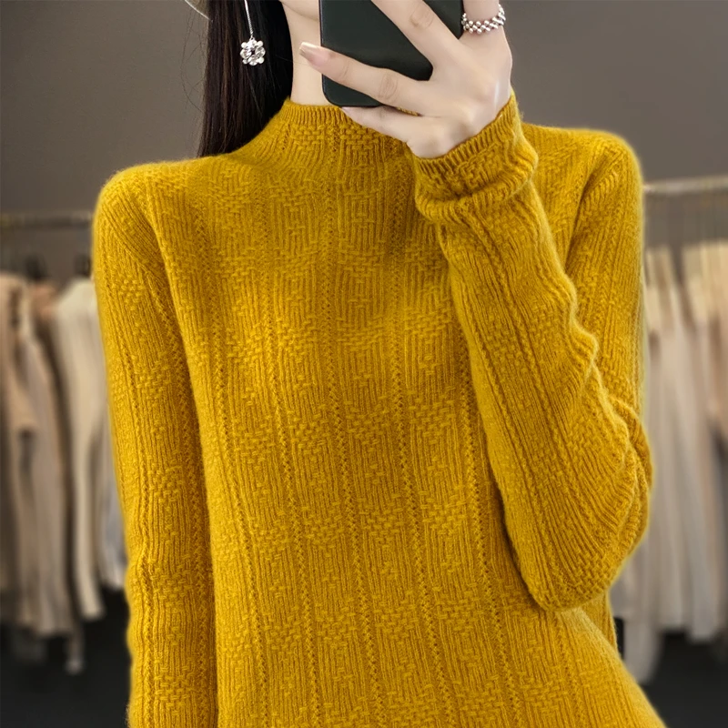2025 New Leading Jacquard Knitted Woolen Sweater.   Spring and Autumn Women's Semi high neck Pullover Solid Color Base Shirt Top
