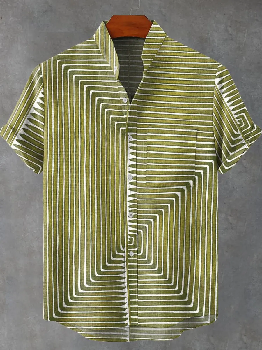 3D print wave print retro casual men's linen short sleeved shirt fashionable men's top linen short sleeved shirt - Image 6