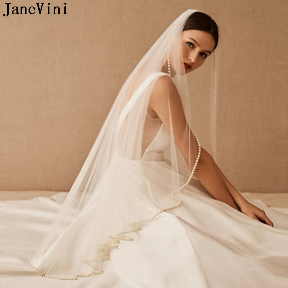 JaneVini Luxo Pérolas Edge Bridal Veils Elegante Curto Véu Do Casamento com Cabelo Pente 1 Tier Fingertip Noiva Italiano Tulle Veil