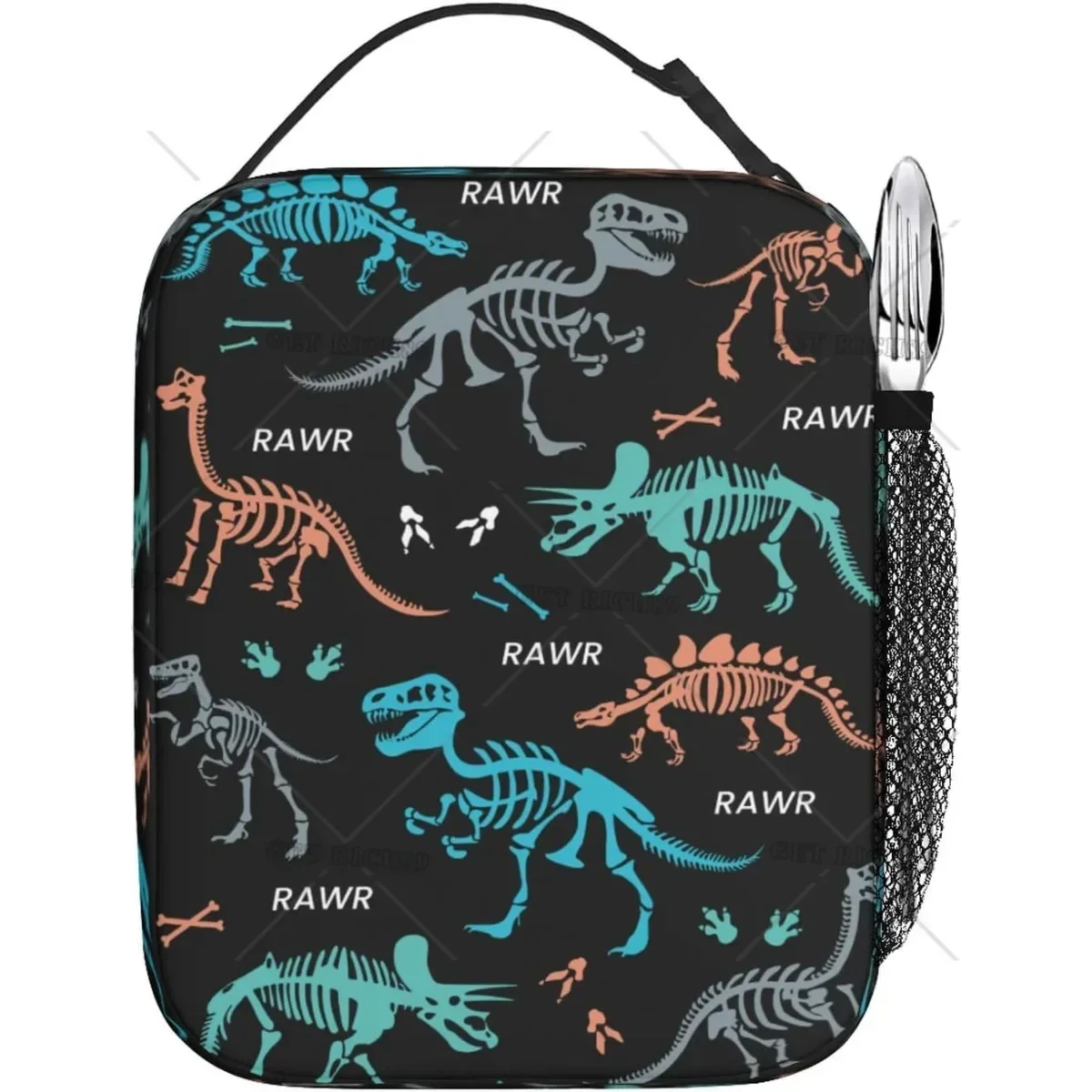 Colorful Dinosaurs Skeleton Insulated Lunch Bag Reusable Black Lunch Box Cooler Tote Lunchbag for Kids Teens Adult Work Picnic