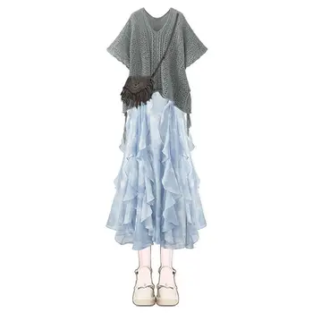 보헤미안 휴가 스타일 Bluetank 드레스 여성 여름 새로운 우아한 허리 장착 롱 드레스 태양 보호 커버 업