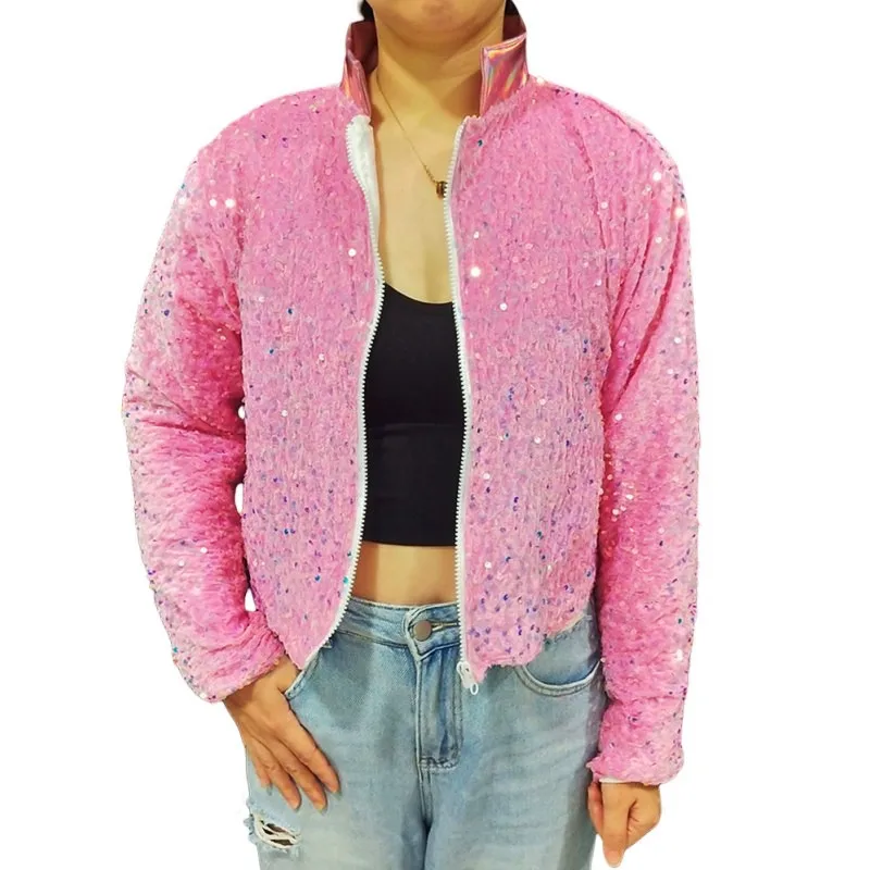 

Women Pink Velvet Sequins Jacket Jazz Dance Team Short Coat Bar Nightclub Party Show Singer Groups Stage Performance Costume