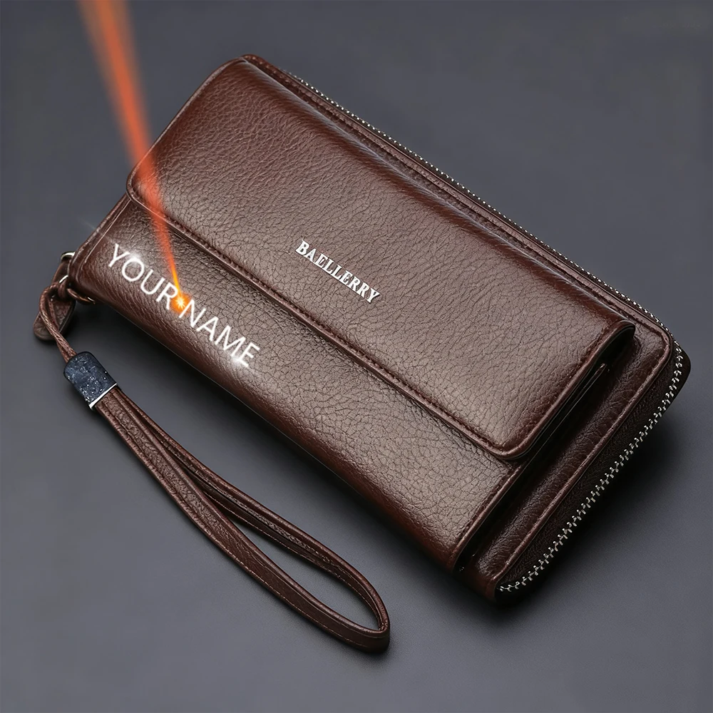 

Новый мужской длинный кошелек, сумки большой емкости, индивидуальное имя, гравировка, держатель для карт, карман для монет на молнии, мужские кошельки высокого качества