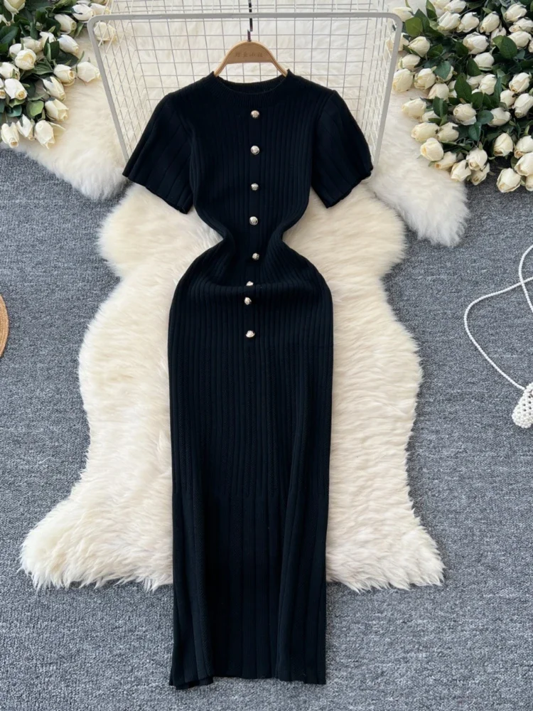 Knitted Bodycon Dress Women Round Neck Single Breasted Short Sleeved Slim French Style Long Dresses Ladies Spring Auutmn Robe