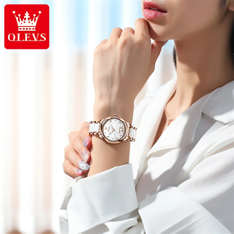 OLEVS Womens Watches Top Brand Luxury Ceramic Mechanical Watch Waterproof Calendar Fashion Diamond Wristwatches Montre Femme