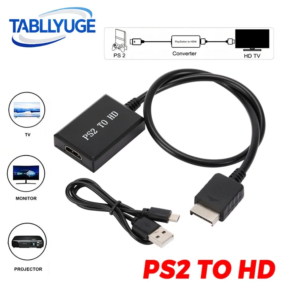 TABLLYUGE PS2 to HDMI-compatibale Audio Video Converter Adapter With USB Power Cable For HDTV PC Full HD PS2 to HD Cable Adapter