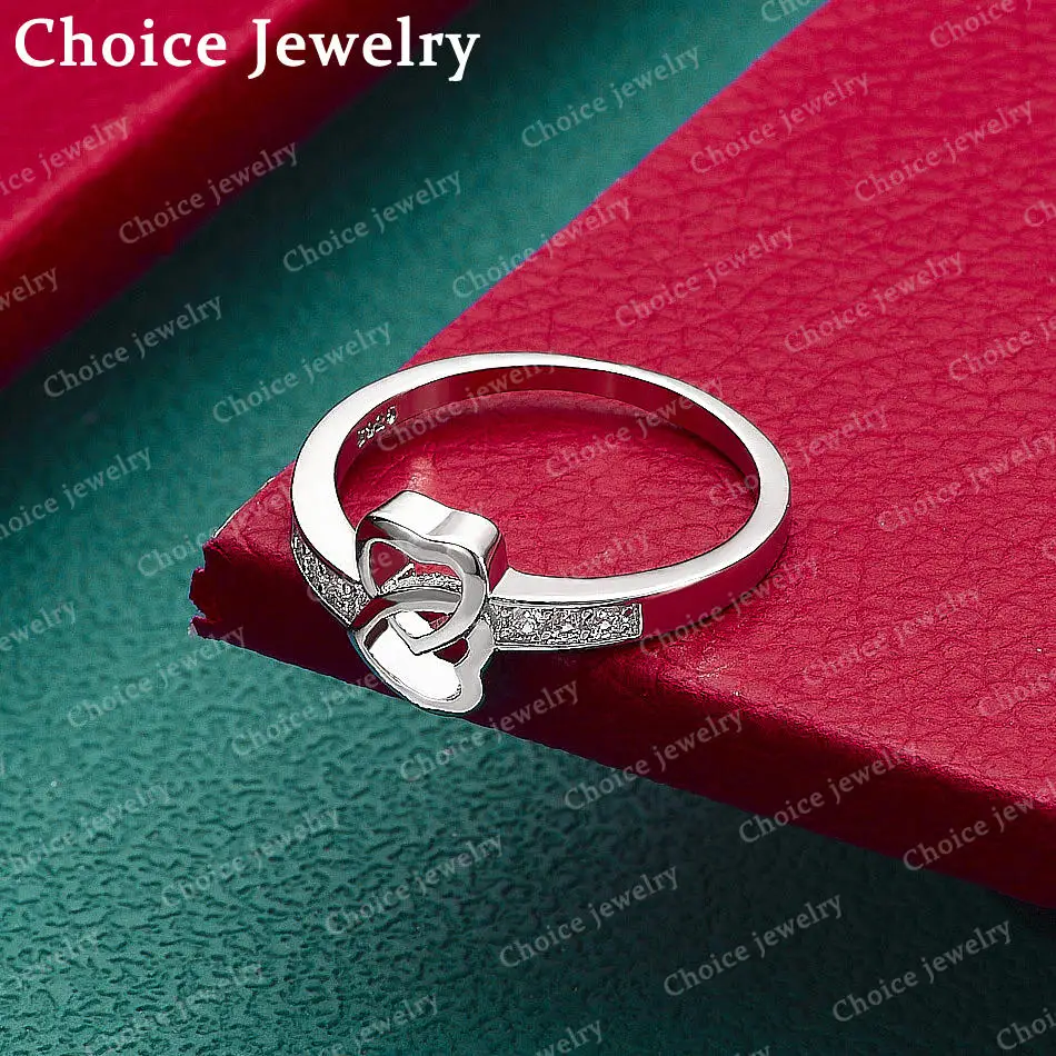 Fine 925 Sterling Silver Zircon Double Heart Ring Unique Design for Women's Wedding Ring Jewelry Couple Rings Accessories Gift