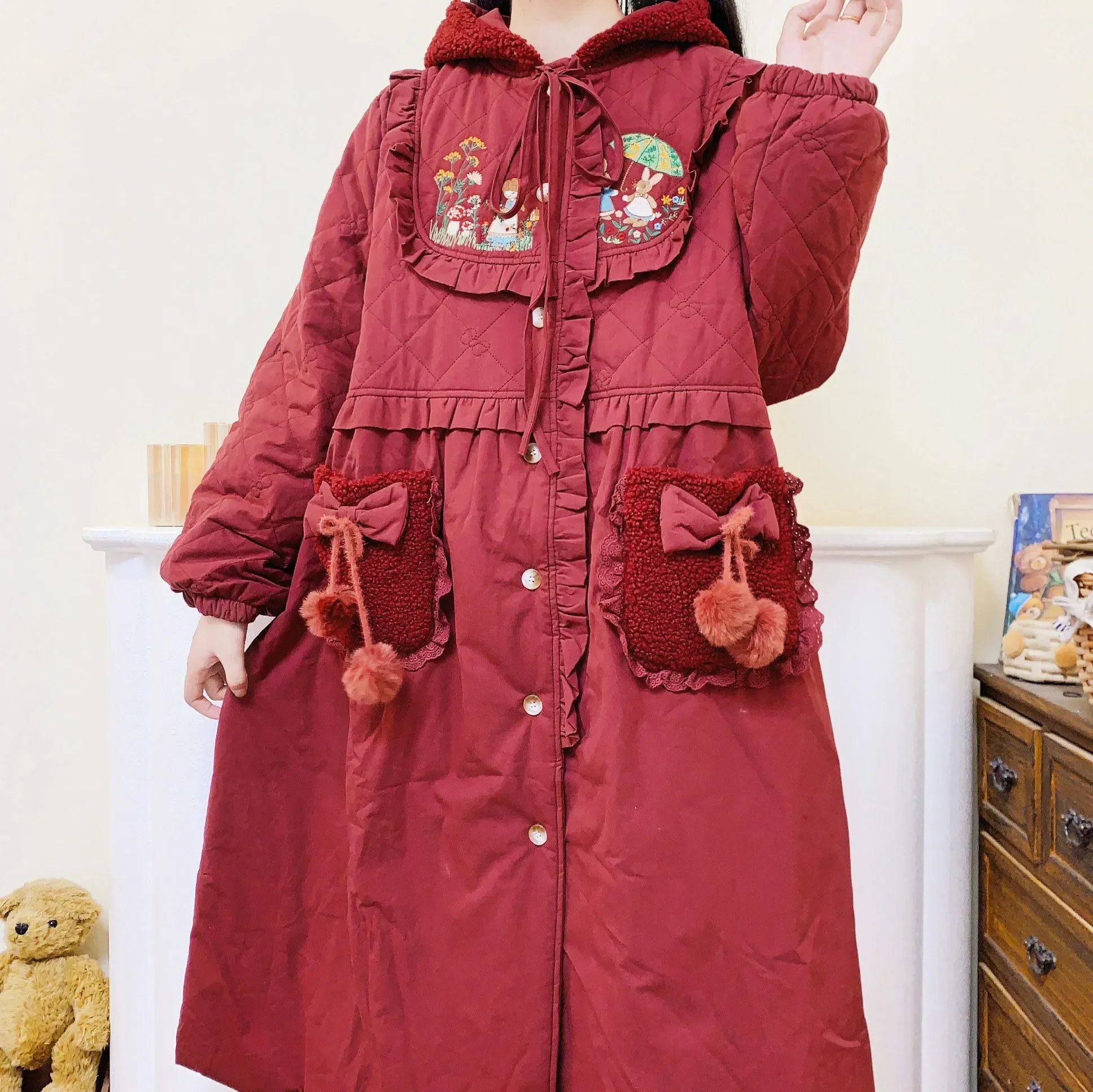 Winter Women Vintage Retro Chic Ruffled Embroidery Long Quilted Coat Women Kawaii Sweet Cottagcore Goblincore Mori Girl Coat