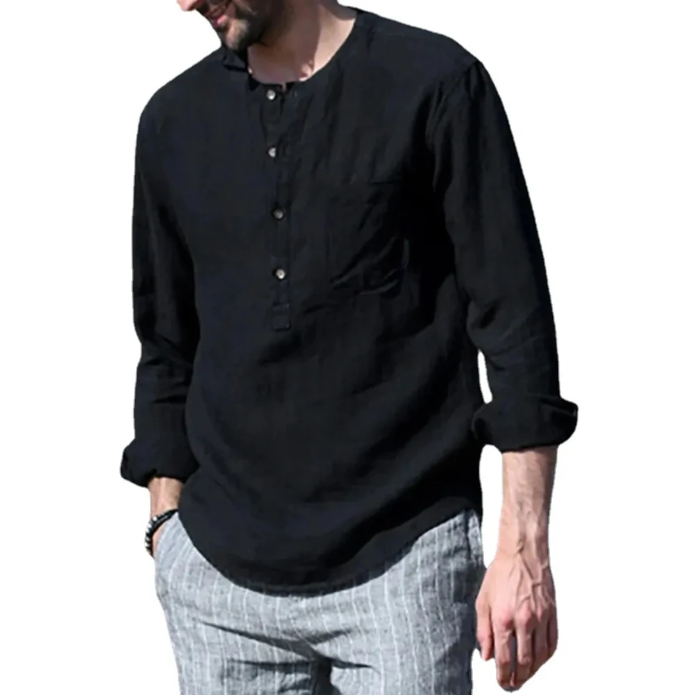 Cotton Line Hot Sale Men\'s Long-Sleeved Shirts Summer Solid Color Stand-Up Collar Casual Beach Style Plus Size