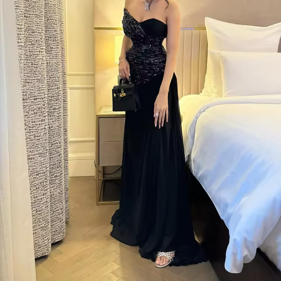 فستان رسمي أسود مخصص للحفلات الراقصة بكتف واحد مطوي ترتر حورية البحر رداء De Soirée فساتين سهرة نسائية فاخرة 2026 #3