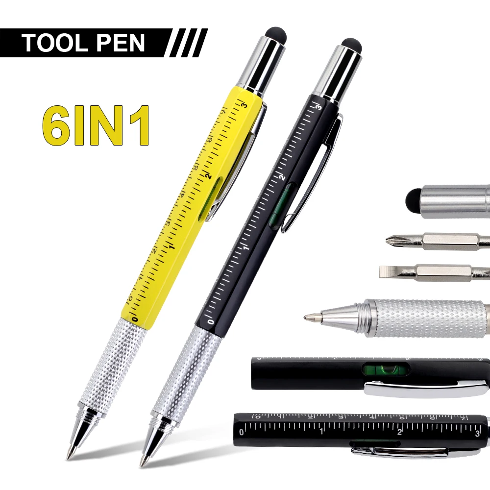 6-in-1 Multifunction Portable Ballpoint Pen with Tool Screwdriver Stylus Spirit Level Ruler Ballpoint Handy Gadget for Daily Use