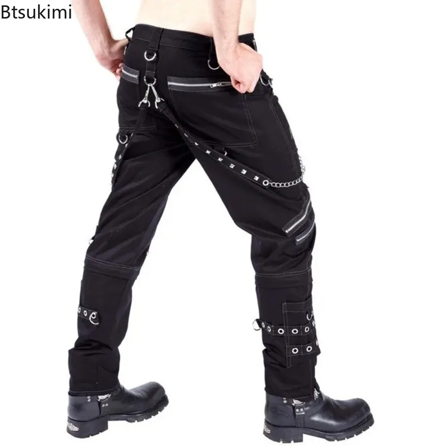 2024 Men's Hip Hop Rock Punk Gothic Pants Cotton Casual Pants Buckle Zip Chain Strap Trousers Men Streetwear Daily Cargo Pants