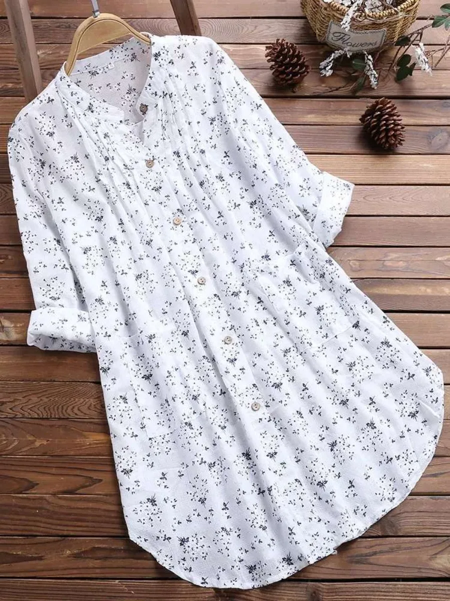 

New Women's Cotton Linen Floral Printed Blouse Fashion Boho Style Casual Cardigan Comfy Long Sleeve Pleated Shirt Tops for Women