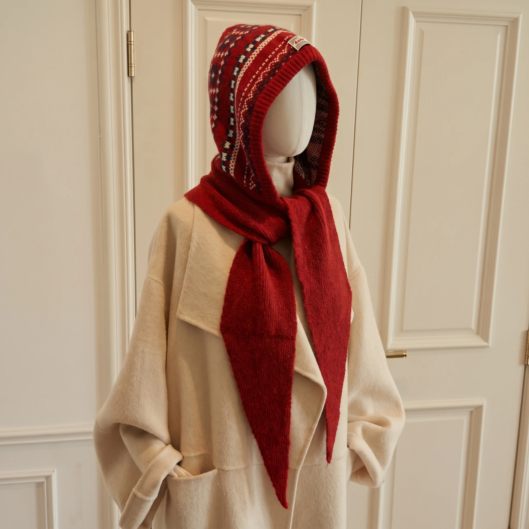 Vintage Fair Isle Jacquard Knit Hooded Triangle Scarf Ladies All In One Hat And Neck Warmer Soft Cozy Winter Fashion Accessory