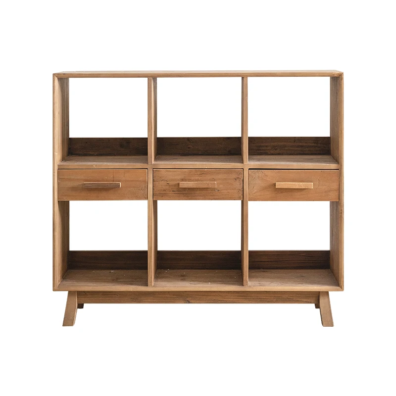 American retro home entrance cabinet solid wood, lattice cabinet, living room against the wall wabi-sabi wind tea cabinet rack