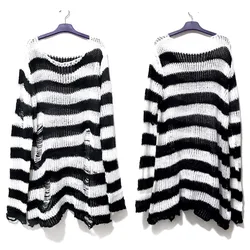 New Punk Gothic Long Unisex maglione Summer Women Striped Cool Hollow Out Hole Broken Jumper Loose Rock Thin Dark Streetwear Top