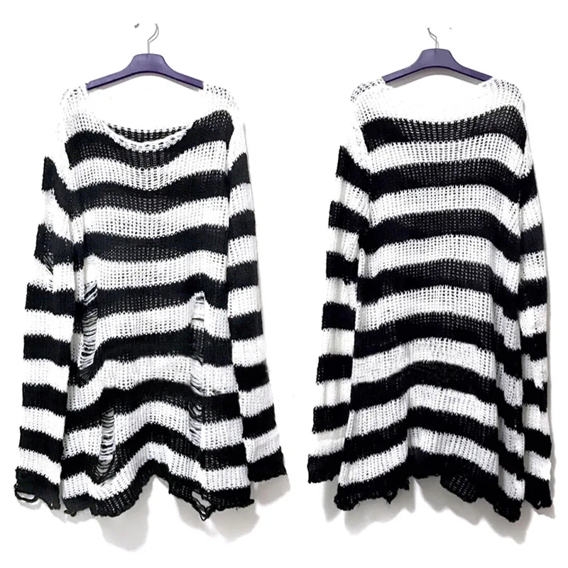 Nowy Punk Gothic Długi Unisex Sweter Letni Kobiety Paski Cool Hollow Out Hole Broken Jumper Loose Rock Cienki Ciemny Streetwear Top