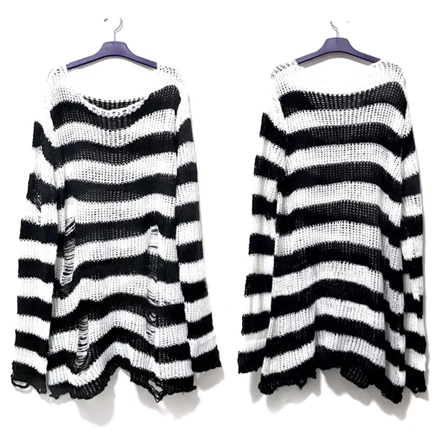 Nowy Punk Gothic Długi Unisex Sweter Letni Kobiety Paski Cool Hollow Out Hole Broken Jumper Loose Rock Cienki Ciemny Streetwear Top