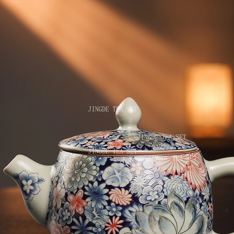 Pinched Golden Peony Teapot Sky Blue Ru Kiln Opened Han Tile Pot Household Chinese Ceramic Teapot Enamel Kung Fu Tea Set view 2