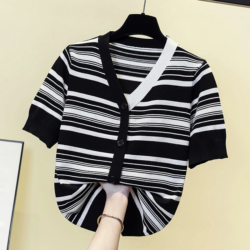 Sweter ukuran Plus 4XL motif garis-garis, Sweater Cardigan wanita, atasan Jumper lengan pendek, leher V, Busana atasan wanita rajut Rib tipis, Sweater Y2K