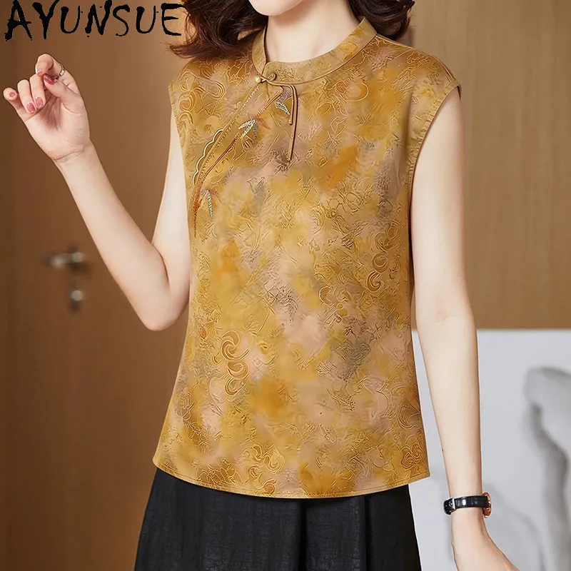 AYUNSUE 100% Real Mulberry Silk Sleeveless Women T Shirts Chinese Style Shirts for Women Summer Frog Button Womens Tops 2026 티셔츠