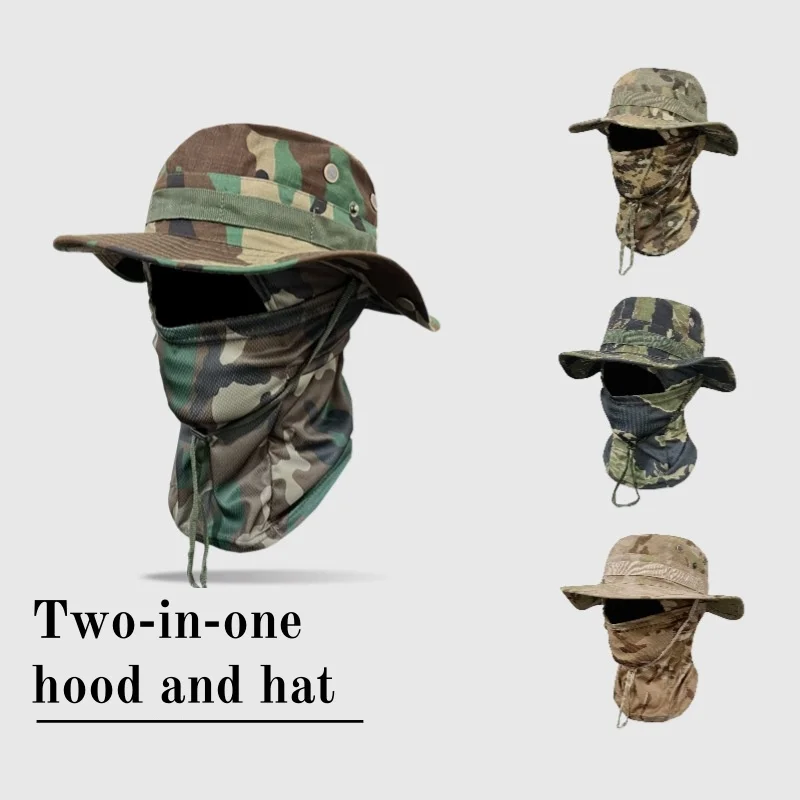 

Камуфляжная шляпа с круглыми полями и комплектом капюшона — многофункциональная рыбацкая шляпа для улицы (ветрозащитная на шнурке) | Шапка Boonie для путешествий,