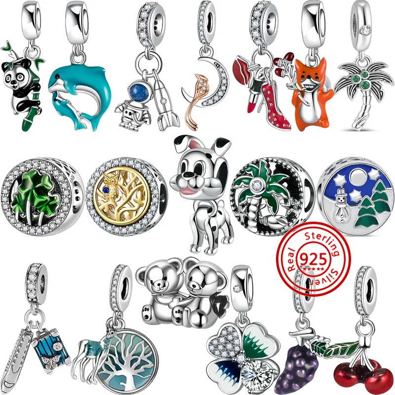 925 Silver Panda Bamboo Grapes Cherry Owl Tree Clover Dangle Charms DIY Beads Fit Original Pandora Bracelet Women Europe Jewelry