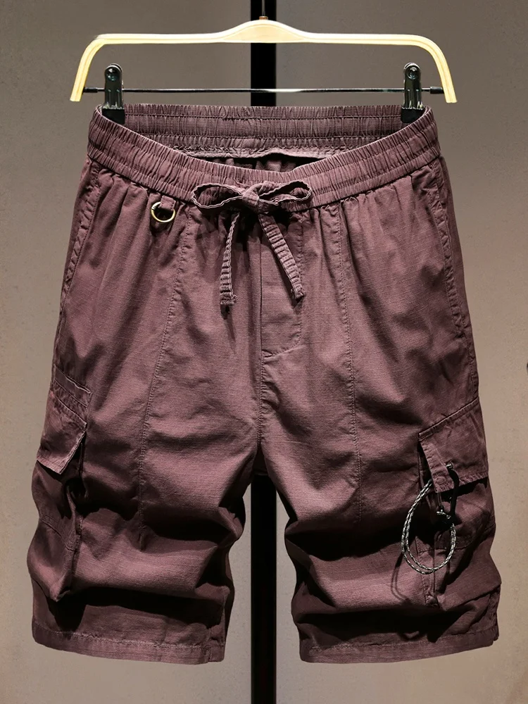 

Summer Outdoor Men's Workwear orts Loose Casual Sle Multi-ket Five-Quarter Length Elastic Waist Straight Leg Breathable