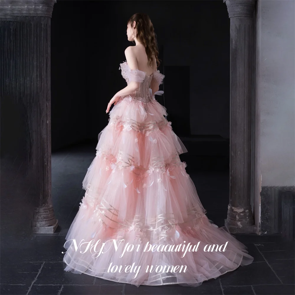 NFYN Pink Ball Gown Prom Dress Off‑the‑Shoulder Beaded Evening Gown 3D Floral Feather Multi‑Layer Tulle Party Dress Customized
