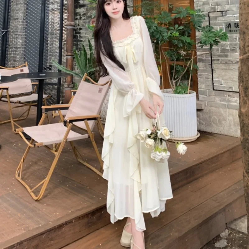 Chic Dresses for Women Square Collar All-match First Love Korean Style Beach Beauty Holiday Thin Spring Summer Long Sleeve Solid