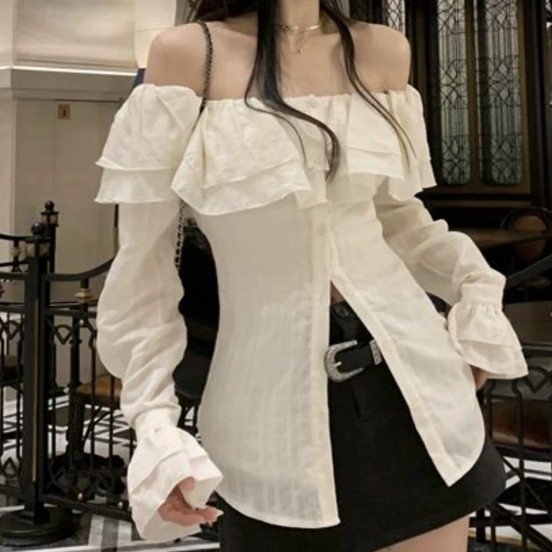 

Slash Neck Shirts Women Streetwear Ruffles Flare Long Sleeve Slim Blouses Office Lady Korean Elegant Off Shoulder Casual Tops