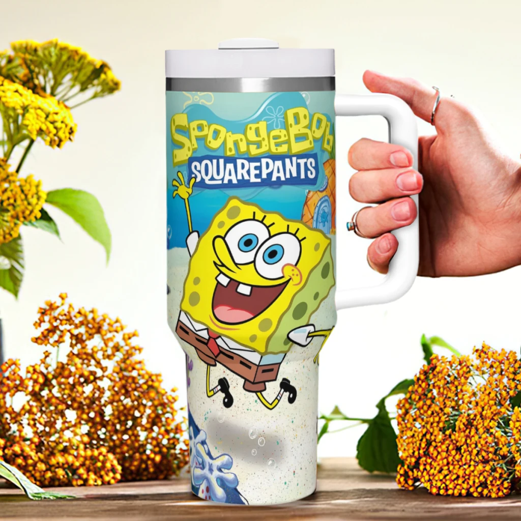 Стакан Sponge-bob Cartoon на 40 унций с ручкой и соломенной крышкой, изолированные стаканы из нержавеющей стали, дорожная кофейная кружка, изолированная