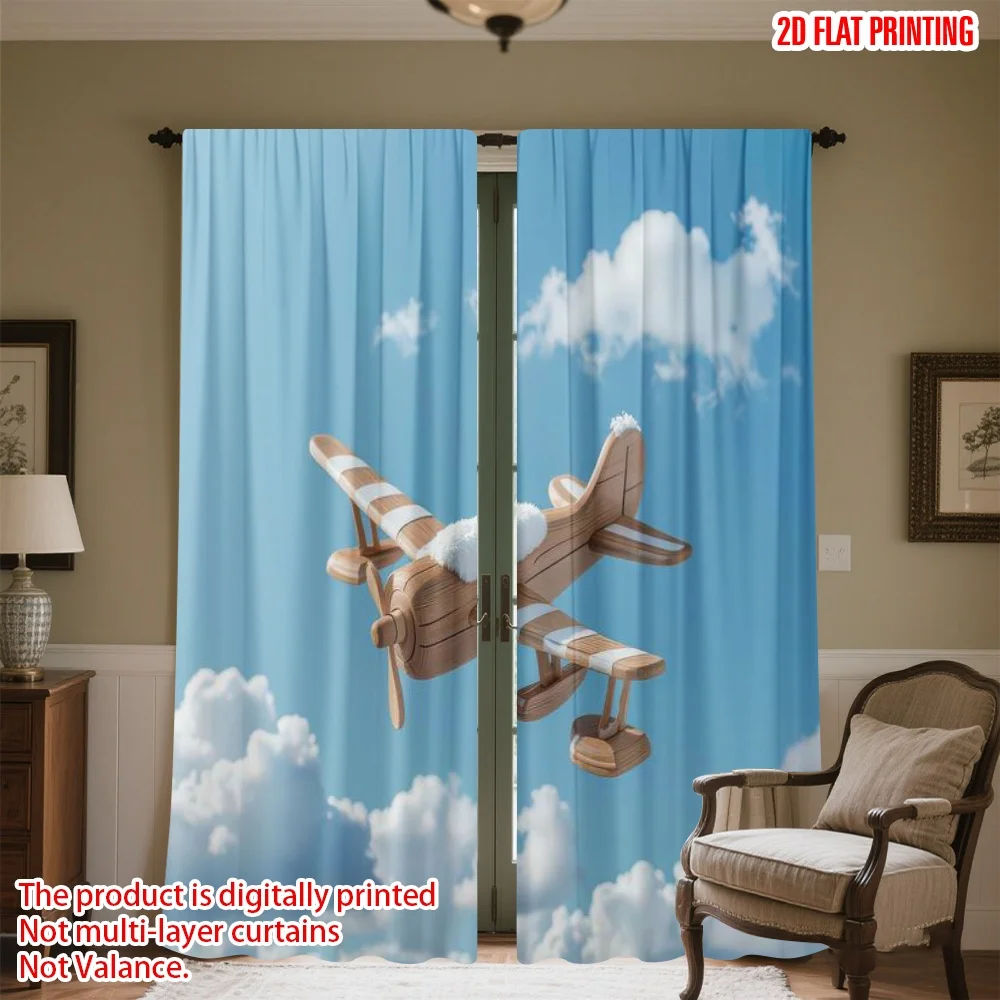 

2D flat printing 2pcs Curtain Wooden Plane in Sky Digital Printed Polyester Drapes Party Decorations Perfect for Door Wall Yard