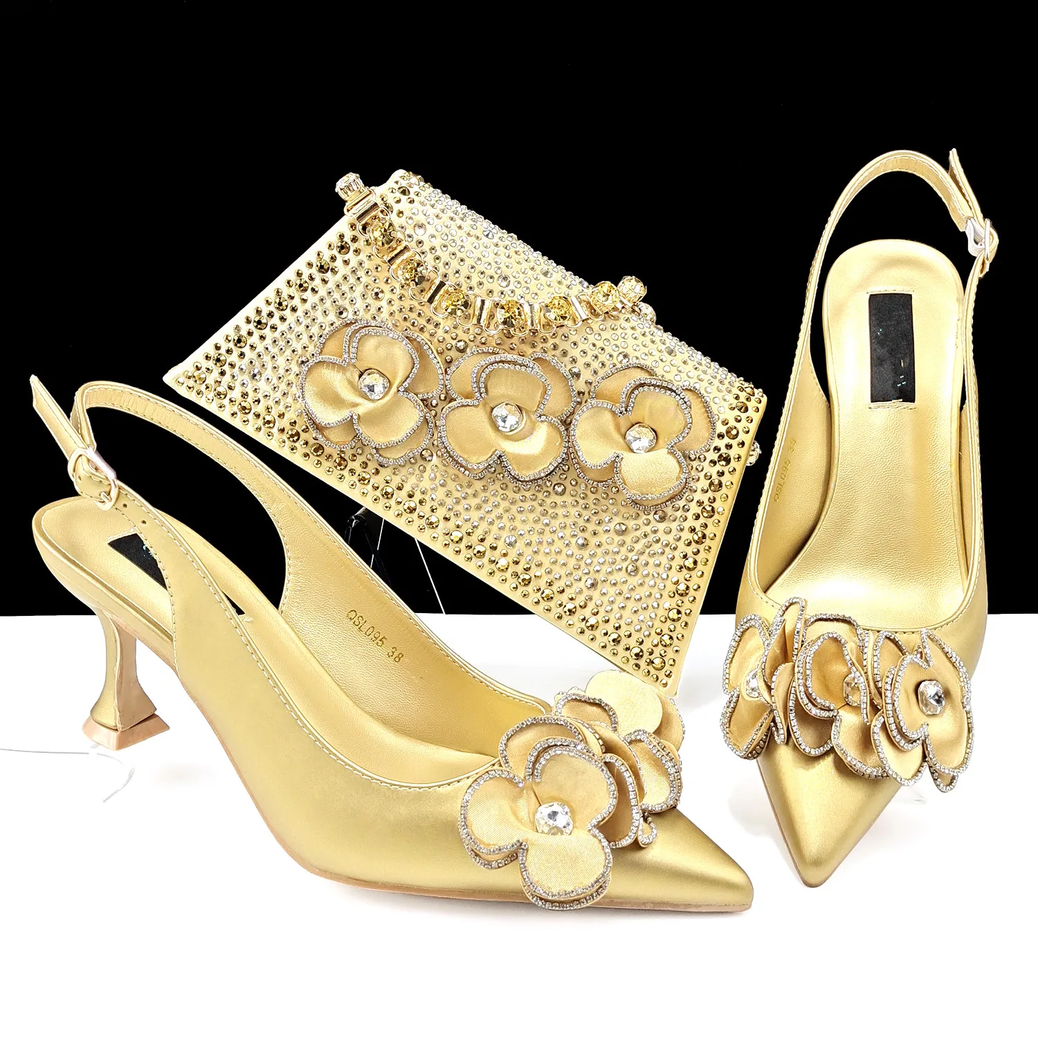 Nice Looking Gold Women High Heel 8CM Shoes Match Flower Style Handbag African Pumps And Bag Set QSL095