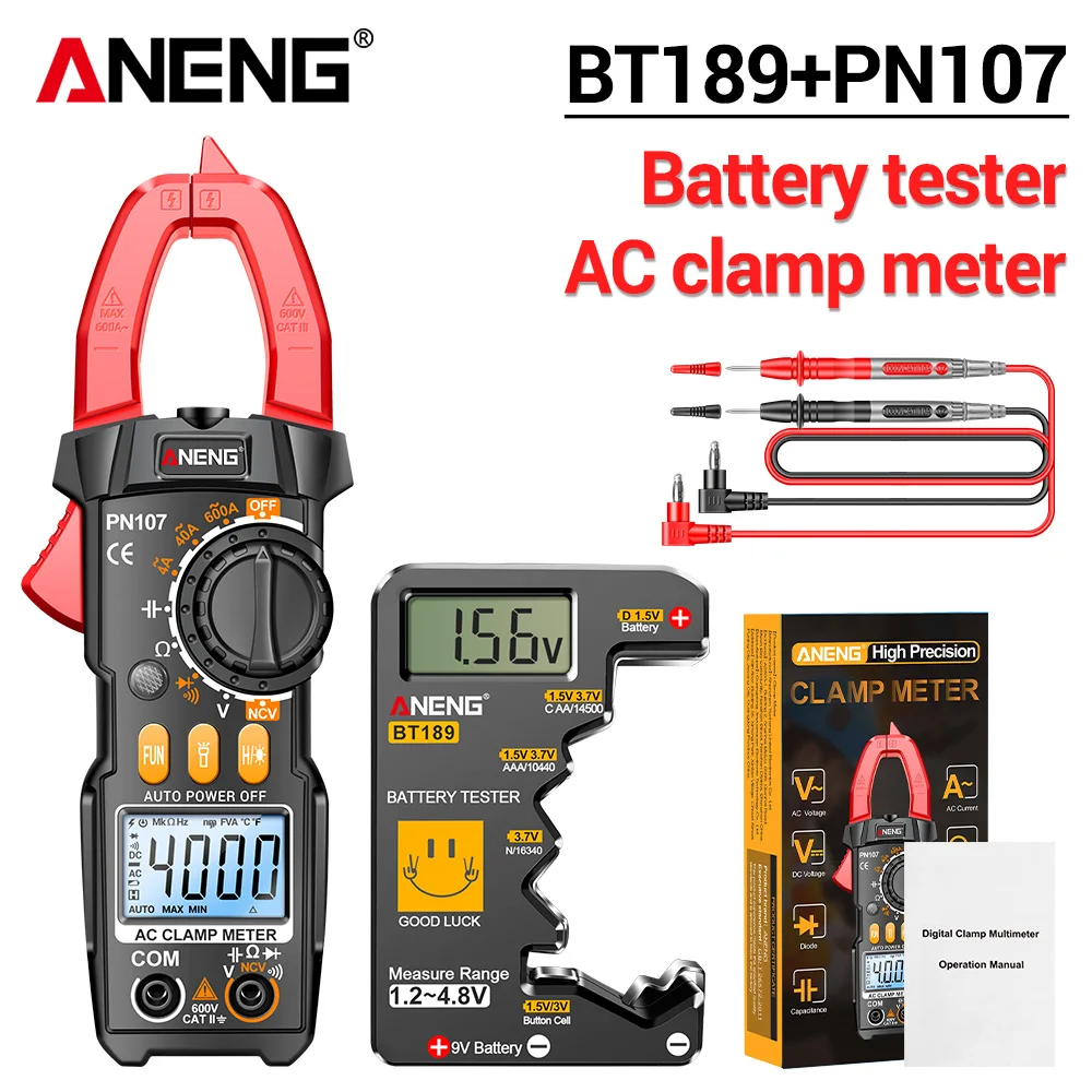 ANENG PN107 Digitale Stroomtang Multimeter Tester 600A Wisselstroom AC/DC Spanning + BT189 Batterij Detector Elektricien Gereedschap Kit