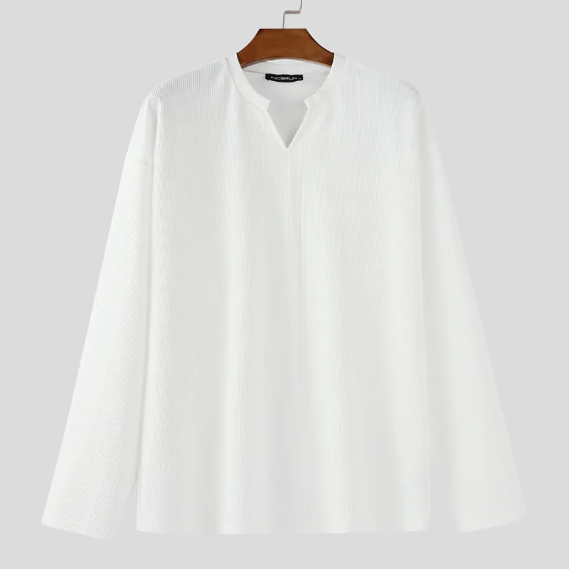 

INCERUN Мужская футболка однотонная с v-образным вырезом и длинным рукавом весна-осень мужские футболки уличная одежда свободная повседневная мужская одежда в корейском стиле