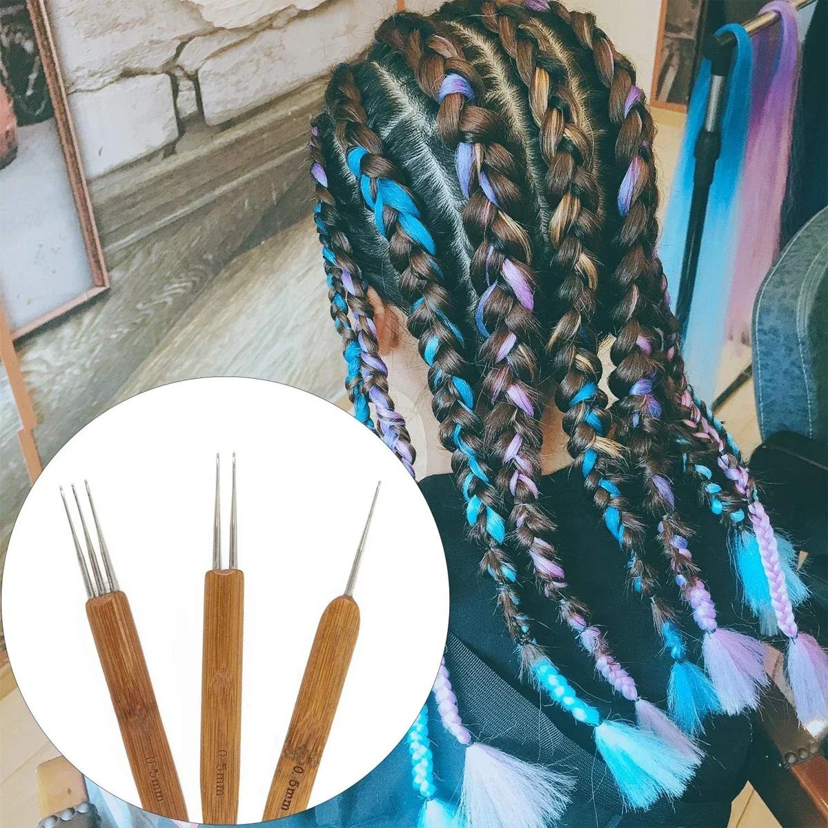 Professional Dreadlocks Crochet Bamboo Handle Hook 0.5Mm 0.75Mm 1-Hook 2-Hooks 3-Hooks Needle for Dreadlocks Needle 3Pcs/Set