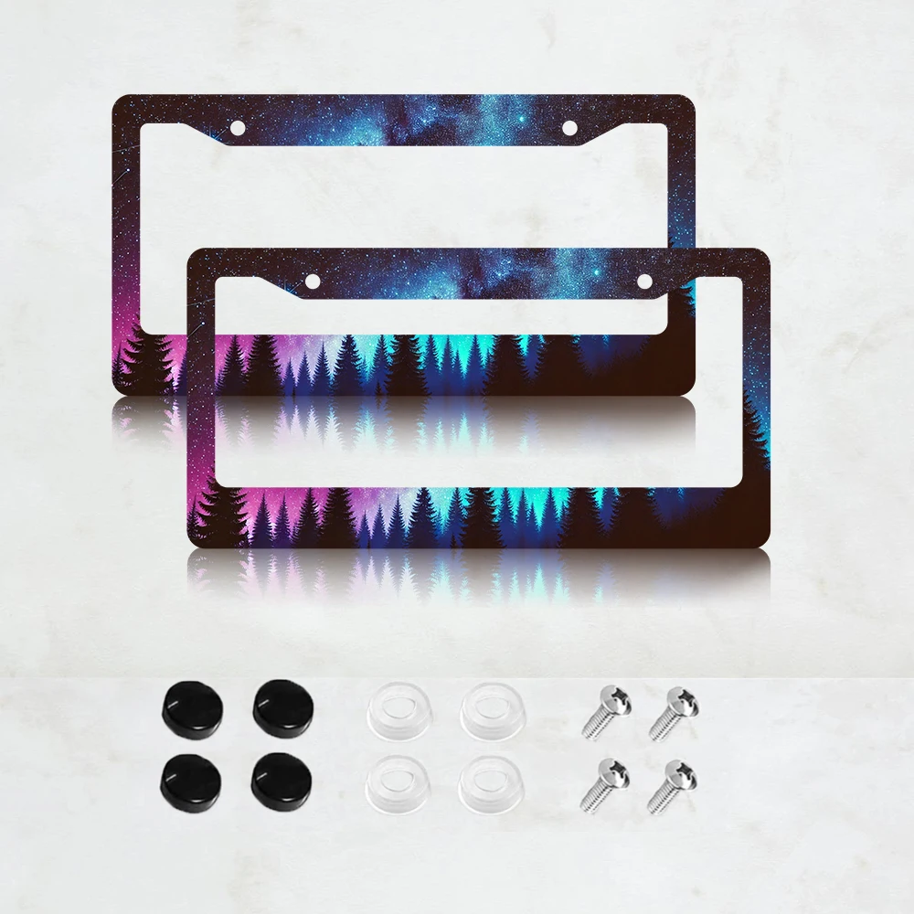 

2PC Galaxy Forest License Plate Frame Blue Purple Space Stars License Plate Personalise Colorful Aluminum Auto Parts Funny