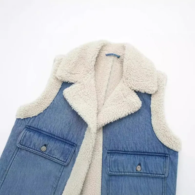 Autumn and Winter New Women's Denim Vest Jacket, Fashionable Casual Pocket Decoration, Lapel, Double-sided Short Vest