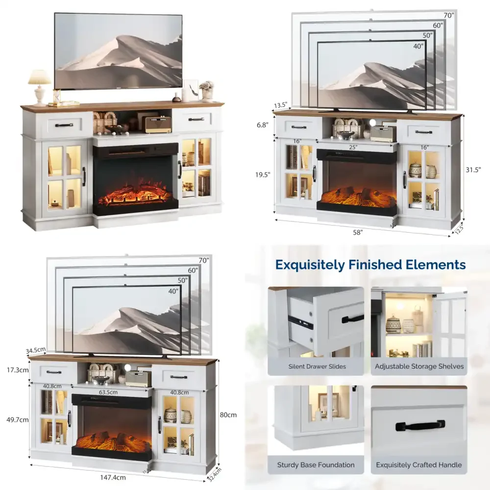 

58 Inch Black Gold Oak Fireplace TV Stand with 25 Inch Insert 2 Doors 2 Drawers and Glass Shelves Media Console 147.4 x 45 x