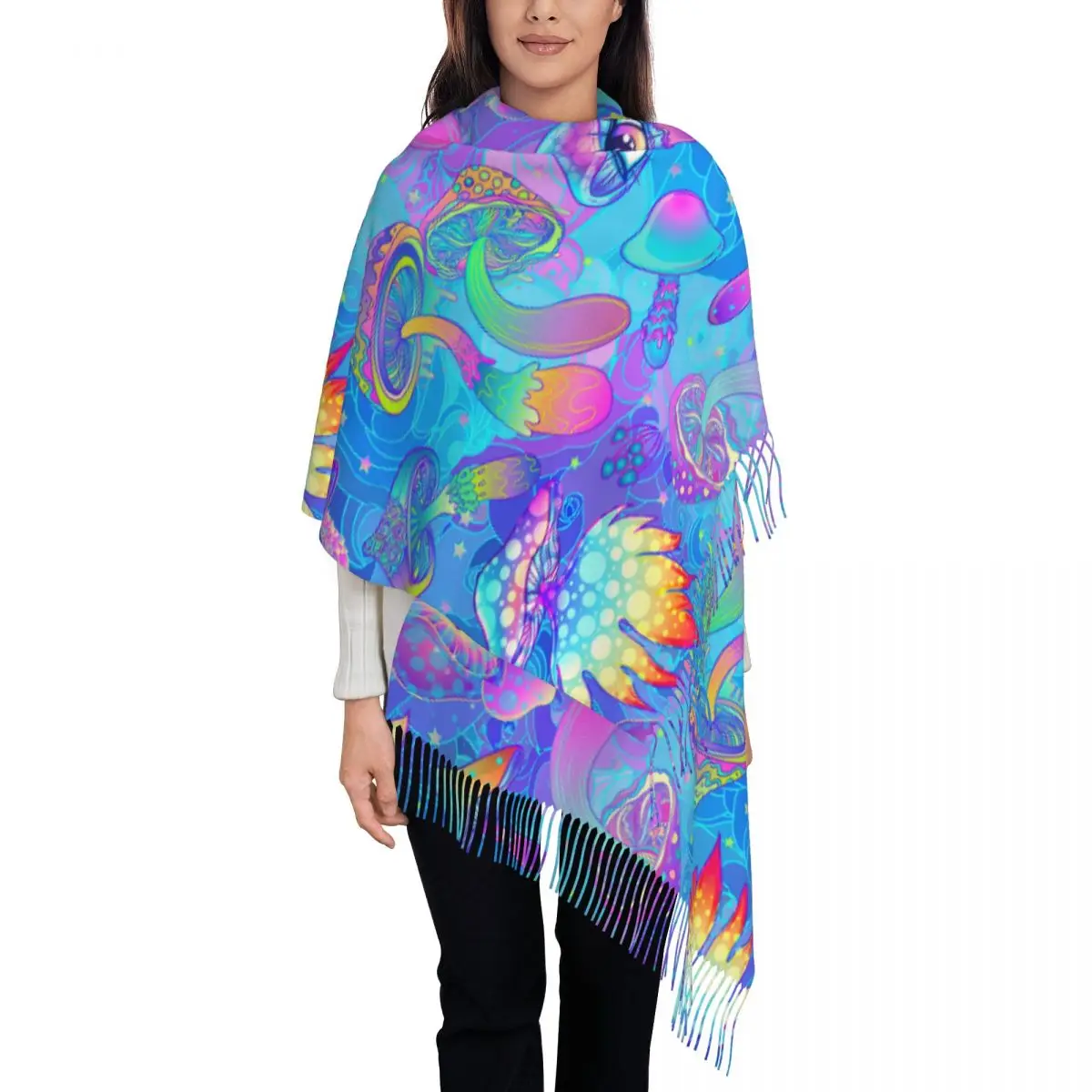 Psychedelic Magic Mushrooms Shawl Wraps for Ladies Winter Single-sided Pattern Scarf Neckerchief Shawl Scarves