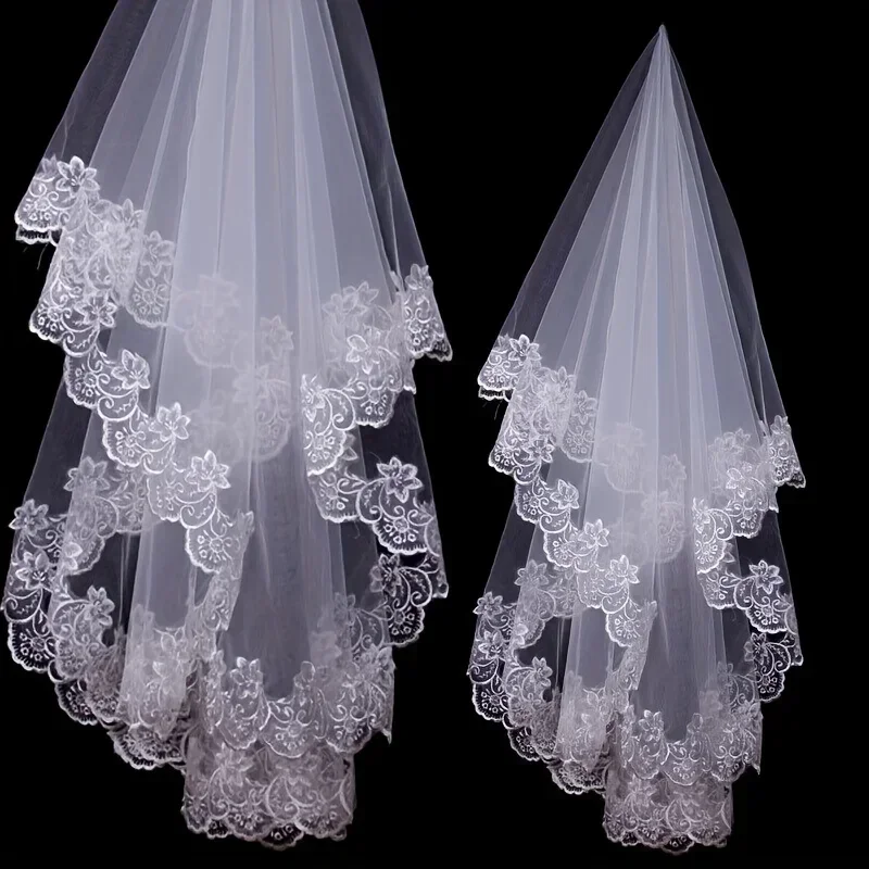 Wedding Bridal Veil with Comb 1 Tier Lace Applique Edge Ivory Fingertip Length