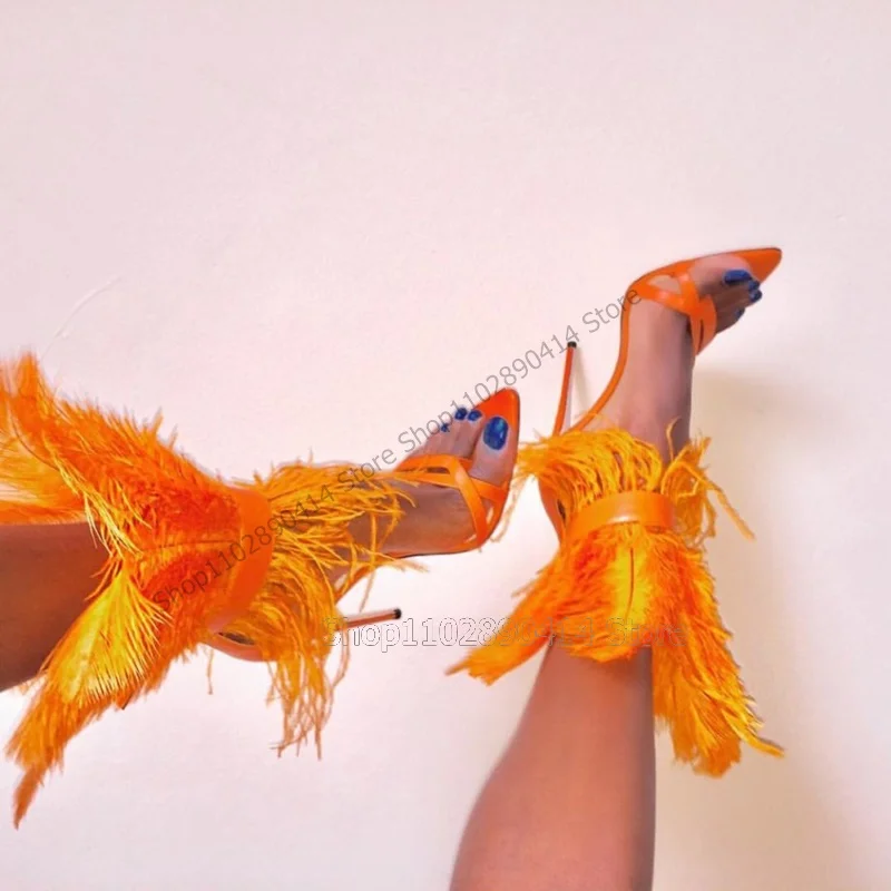 

Orange Feather Decor Flip Flop Sandals Back Zipper Women Shoes Thin High Heels Novel Sexy Party Runway 2023 Zapatos Para Mujere