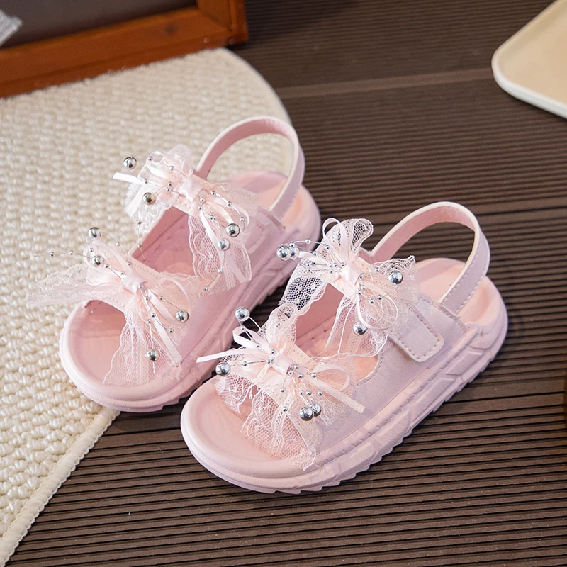 Toddler Girls Strappy Sandals with Ribbon Bow 2026 New Summer Kids Chunky Beach Shoes Non-slip Chic Versatile School Water Shoes